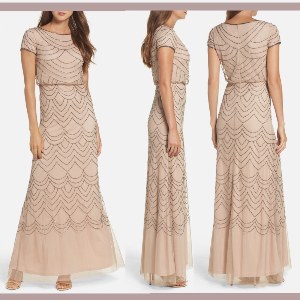 Adrianna Papell Short Cap Sleeve Blouson Beaded Gown Taupe Pink Maxi Size 8